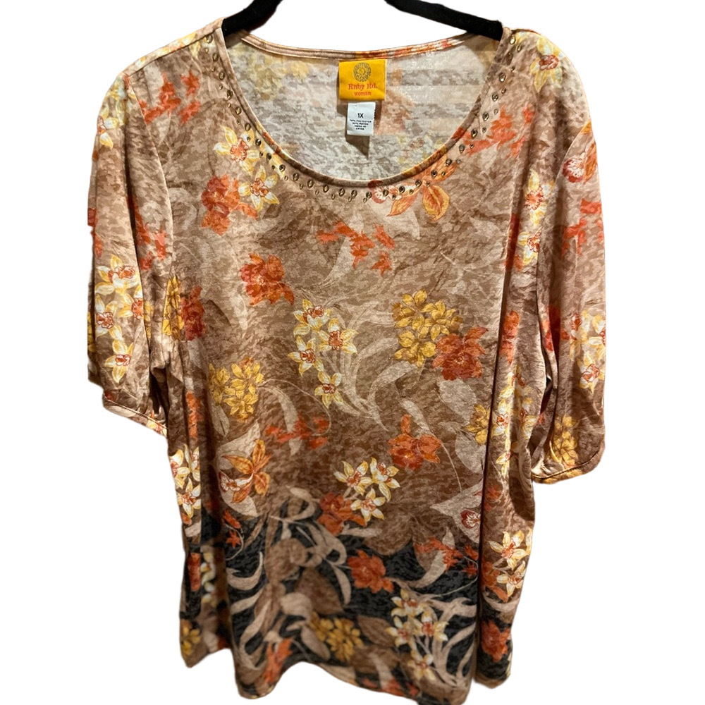 Ruby Rd. Floral Scoop Neck Top in Tan, Orange & Yellow